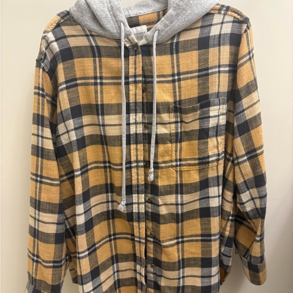 Plaid Hooded Flannel - Yellow and Gray